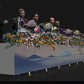 Ceremonial Launch Device Featuring Five People Decorative Flowers Wavy Pattern Tabletop and Wheels