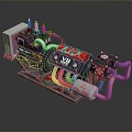 Industrial Equipment Engine Unit With Red Control Panel White Pipes Cables And Warning Sign