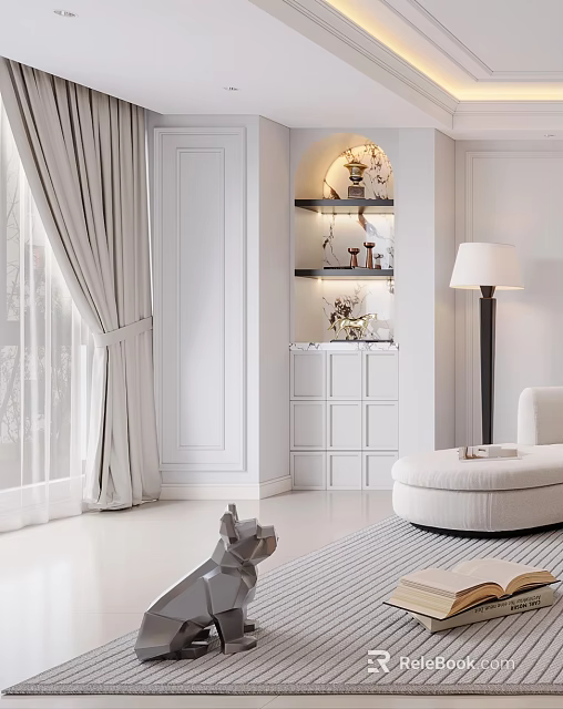 Elegant Modern Living Room Interior With Decorative Ornaments Set Display Shelf And Soft Lighting 3d model 