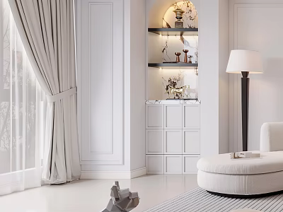 Elegant Modern Living Room Interior With Decorative Ornaments Set Display Shelf And Soft Lighting 3d model