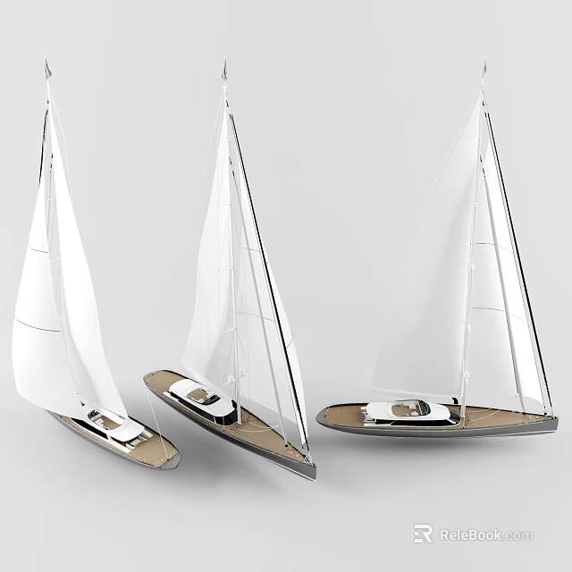 Three Stylish Sailboat Yachts Featuring White Sails And Wooden Hull Exterior 3d model 
