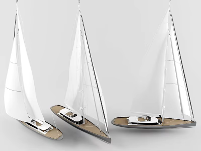 Three Stylish Sailboat Yachts Featuring White Sails And Wooden Hull Exterior 3d model