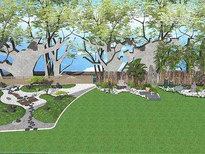 Traditional Karesansui Garden Design With Stone Pathway Lawn Trees And Moss 3d model