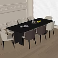 Stylish Black Dining Table Set With Eight Gray Brown Chairs Golden Legs Wooden Floor