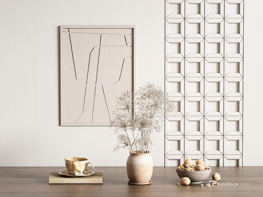 Minimalist Decorative Ornament Set With Wall Art Vase Dried Flowers And Small Decor Items 3d model 