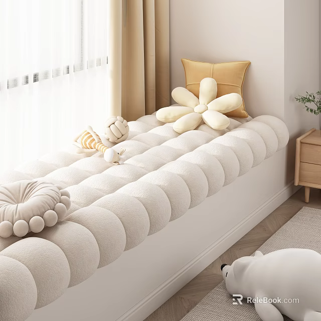 Cozy Soft Double Bed Interior With Round Mattress And Floral Pillows 3d model 