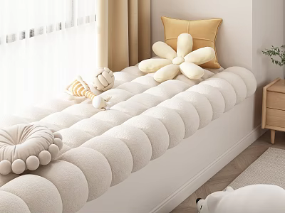Cozy Soft Double Bed Interior With Round Mattress And Floral Pillows 3d model
