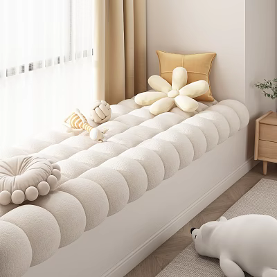 Cozy Soft Double Bed Interior With Round Mattress And Floral Pillows 3d model