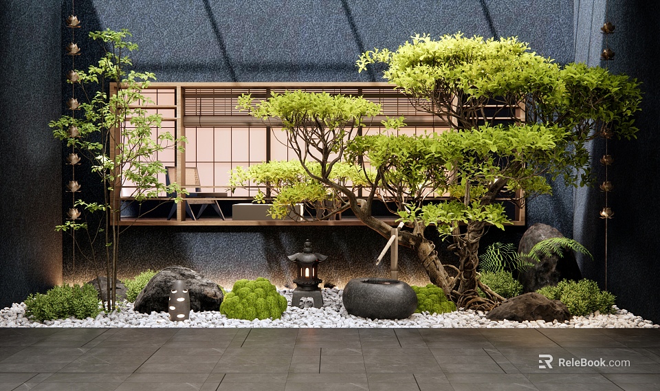 Tranquil Japanese Garden Design Featuring Trees Rocks Stone Lantern And Wooden Structure 3d model 