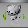 White Cartoon Cat with Closed Eyes and Blue Tear Marks Surrounded by Green Seaweed