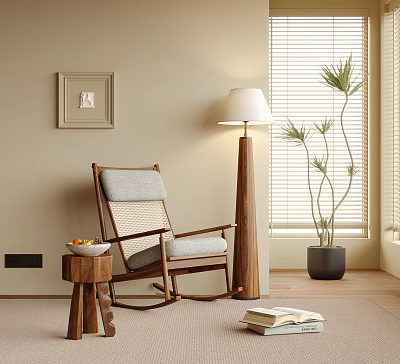 Wooden Rocking Chair with Gray Cushion Small Table Fruit Bowl Floor Lamp Plant and Beige Wall Blinds 3d model