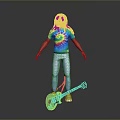 Long Haired Figure Wearing Tie Dye Shirt Light Blue Jeans Green Shoes With Red Guitar