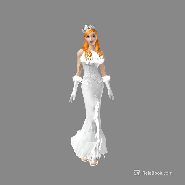 A woman with red hair wearing elegant white lace floor-length dress and tiara 3d model 