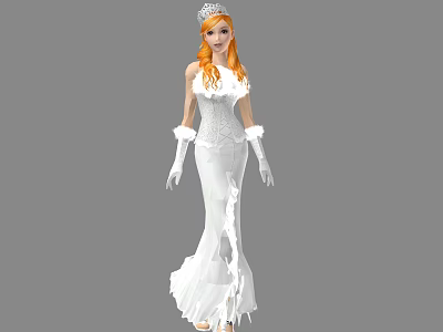 A woman with red hair wearing elegant white lace floor-length dress and tiara 3d model