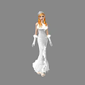 A woman with red hair wearing elegant white lace floor-length dress and tiara