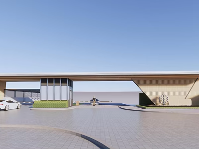 Modern Entrance Gate With Glass Facade Long Canopy And White Car 3d model
