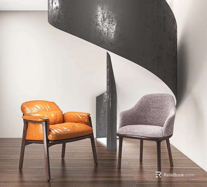 Modern Spiral Staircase With Black Metal Structure Orange Leather And Gray Fabric Chairs Wooden Floor 3d model 