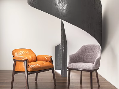 Modern Spiral Staircase With Black Metal Structure Orange Leather And Gray Fabric Chairs Wooden Floor 3d model