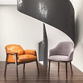 Modern Spiral Staircase With Black Metal Structure Orange Leather And Gray Fabric Chairs Wooden Floor