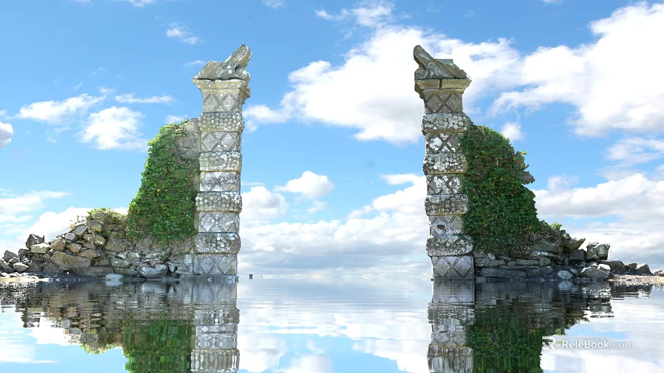 Ornate Carved Stone Pillars With Green Vines And Reflection In Calm Water Under Blue Sky 3d model 