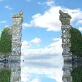 Ornate Carved Stone Pillars With Green Vines And Reflection In Calm Water Under Blue Sky