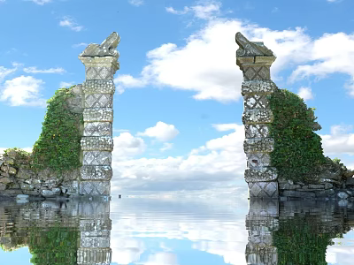 Ornate Carved Stone Pillars With Green Vines And Reflection In Calm Water Under Blue Sky 3d model