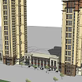 Modern Commercial Street With High Rise Buildings Storefronts Trees And Pedestrians