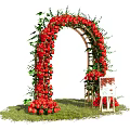 Beautiful Red Floral Arch Installation With Green Leaves Grass And Easel