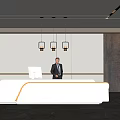 Modern Front Desk Reception Interior With Curved White Desk Professional Receptionist And Hanging Lighting Fixtures
