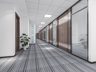 Modern Office Corridor Interior With Glass Partitions Wooden Doors Ceiling Lights And Potted Plant 3d model