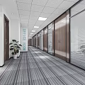 Modern Office Corridor Interior With Glass Partitions Wooden Doors Ceiling Lights And Potted Plant