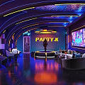 Elegant Modern KTV Interior With Curved Neon Lights And Comfortable Seating