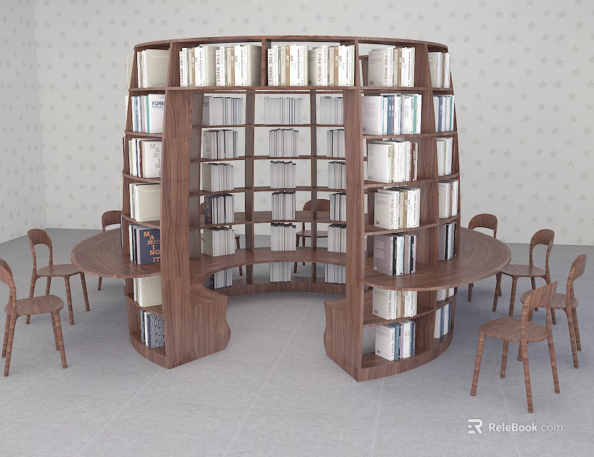 Circular Wooden Bookcase With Multiple Shelves Books And Wooden Chairs Tables 3d model 