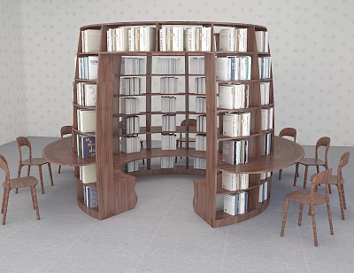 Circular Wooden Bookcase With Multiple Shelves Books And Wooden Chairs Tables 3d model