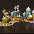 Christmas Themed Cartoon Santa Claus Figurines With Sitting Standing Poses And Yellow Blue Decorations