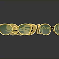 Multiple Golden Sunglasses With Green Lenses And Gold Frames On Reflective Surface