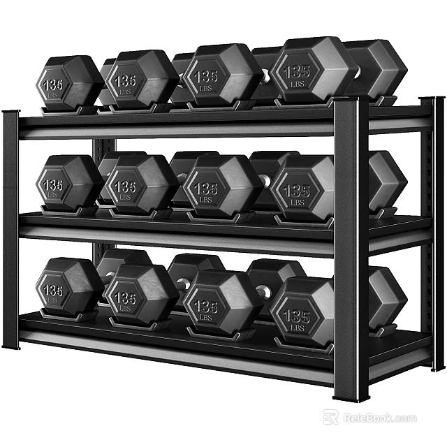 Sturdy Three Tier Dumbbell Shelf With 125 lb Hex Dumbbells For Home Gym Storage 3d model 
