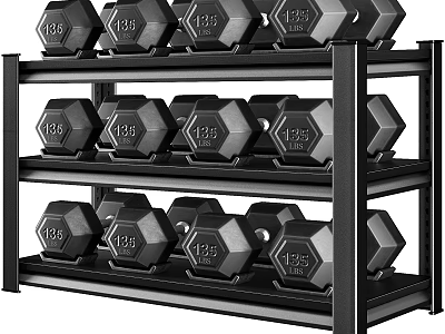 Sturdy Three Tier Dumbbell Shelf With 125 lb Hex Dumbbells For Home Gym Storage 3d model