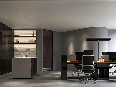 Modern Public Office Space Interior With Ergonomic Chairs Desks Computers And Lighting 3d model
