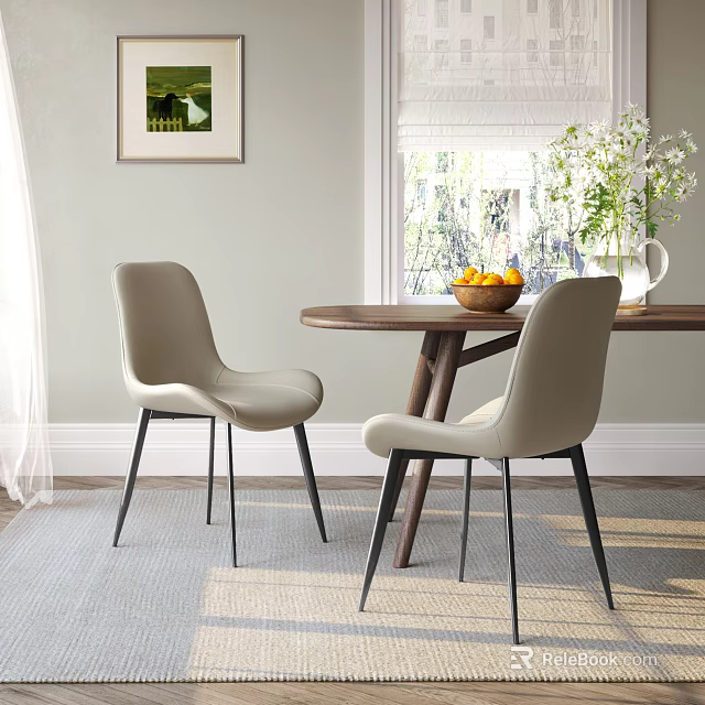 Light Gray Upholstered Dining Chairs With Black Metal Legs By Wooden Round Table And Vase 3d model 
