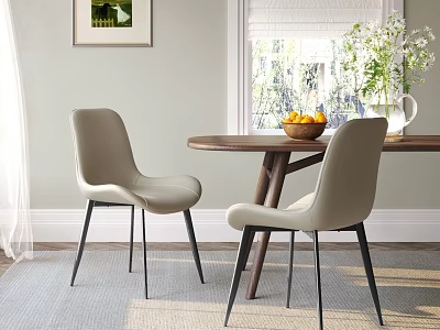 Light Gray Upholstered Dining Chairs With Black Metal Legs By Wooden Round Table And Vase 3d model