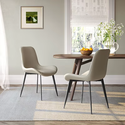 Light Gray Upholstered Dining Chairs With Black Metal Legs By Wooden Round Table And Vase 3d model