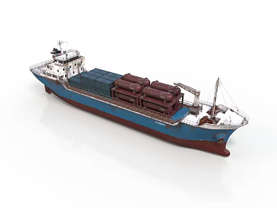 Blue And Brown Cargo Ship With Deck Loaded Pipe Containers And Masts 3d model