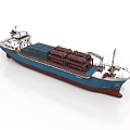 Blue And Brown Cargo Ship With Deck Loaded Pipe Containers And Masts