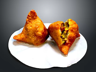 Crispy Fried Triangular Samosa With Vegetable Filling On White Plate 3d model