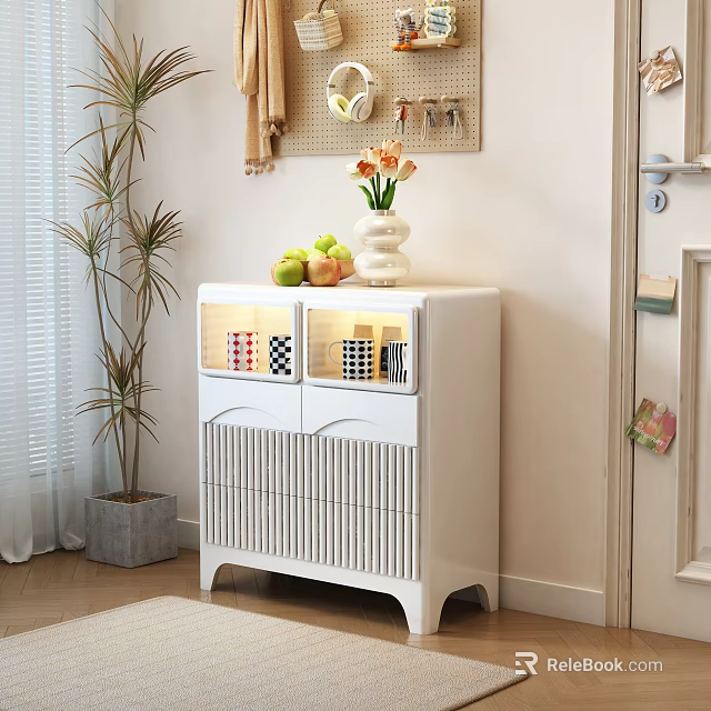 White Decorative Cabinet with Slatted Doors Fresh Fruits Vase and Potted Plant on Light Wall 3d model 