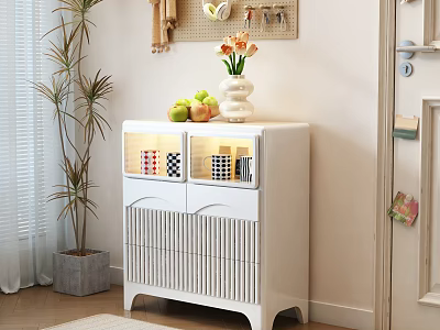White Decorative Cabinet with Slatted Doors Fresh Fruits Vase and Potted Plant on Light Wall 3d model