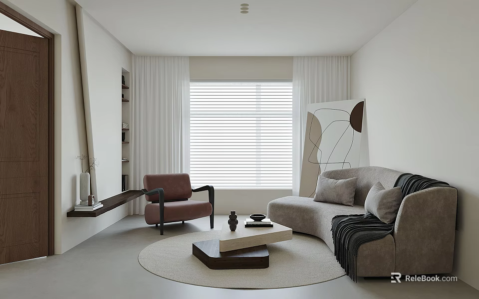 Modern Living Room with Sofa Armchair Wooden Coffee Table Round Rug and Abstract Wall Art 3d model 