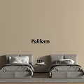 Poliform Gray Single Beds With Pillows And Small Table On Beige Wall 3d model