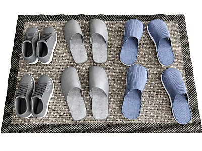 Grey And Blue Slippers With Sneakers Placed On Woven Mat At Home 3d model